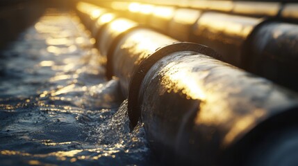 Flowing water from an industrial pipeline into a massive tank, sunlight reflecting off the surface of the water,Flowing water from an industrial pipeline filling a large tank, with sun rays highlighti