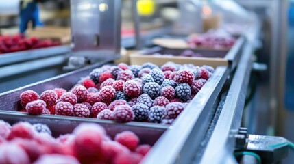Frozen Berries on a Conveyor Belt in a Food Processing Facility