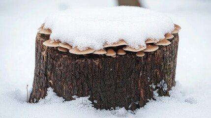 Snow-covered stump with tiny mushrooms growing around its frozen edges, on white