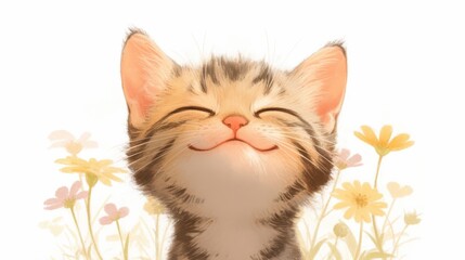 Adorable tabby kitten smiles among wildflowers on a bright day illustration
