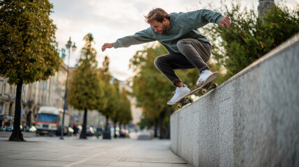 skater performing a trick on a low wall.