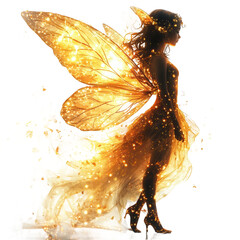 Golden fairy with wings fantasy art ethereal beauty digital painting asset on transparent background