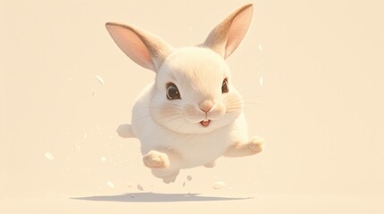 Obraz premium Adorable white bunny leaps, ears up, soft fur, small petals flutter around it