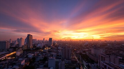 Obraz premium city skyline at sunset with dramatic clouds. 