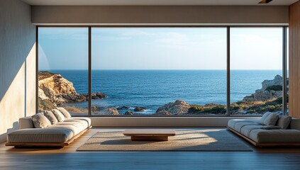 Fototapeta premium Spacious living room with panoramic ocean views.