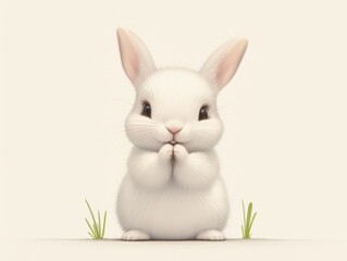 Obraz premium Adorable white bunny sitting upright with paws together on a pastel background