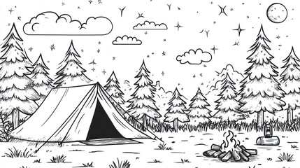 Night camping sketch, forest, tent, fire