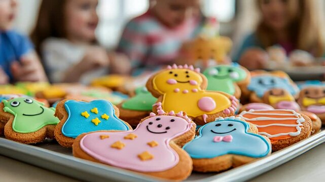 Colorful decorated cookies on a tray, kids in background
