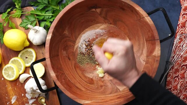 Cooking garlic lemon shrimp for dinner. marinating in fresh seasoning and a squeeze of  lemon for a delicious dinner.  a quick and easy seafood dish using shrimp.  making a marinade for seafood.