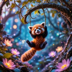 Fototapeta premium Magical Forest Fun – Cute Red Panda Swinging on Vines Among Glowing Flowers