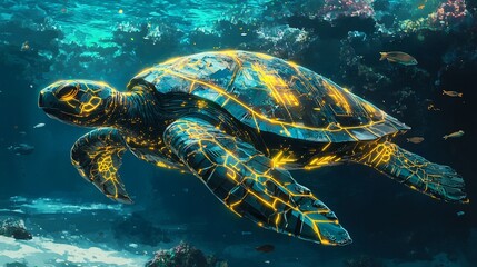 Fototapeta premium Luminous turtle swims near coral reef, with glowing lines, underwater, in blue water