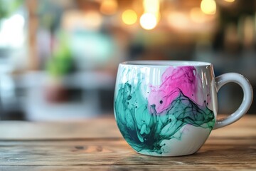 Fototapeta premium Colorful ceramic mug on a wooden table in a cafe.