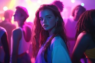 Gen Z kids at a music party with bright lights and lots of people