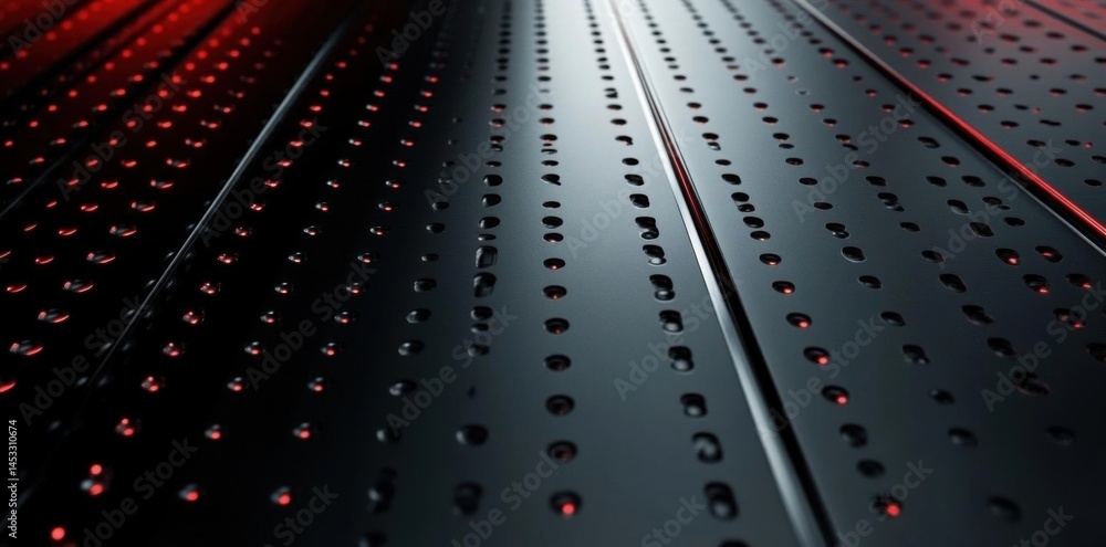 Poster observe patterned metal surface with rows of holes, industry machine concept