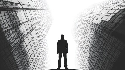 Obraz premium Silhouette Businessman Facing Skyscrapers. Urban Perspective. Possible Use Stock photo for business, leadership, ambition, or modern cityscape themes