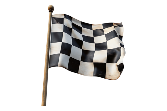 Checkered flag with wooden stick isolated on transparent background
