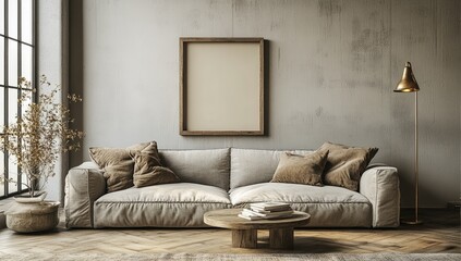 Rustic modern living room interior design mockup.