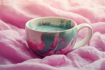 Vibrant, multicolored ceramic mug filled with a drink on a soft fabric surface.