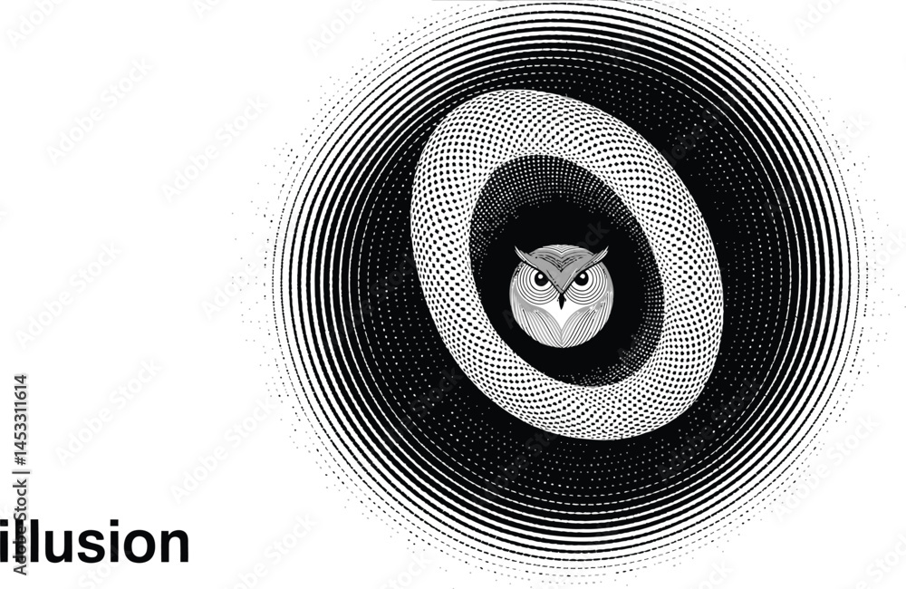 Poster an optical illusion featuring a stylized owl design within concentric dotted and striped circular fo