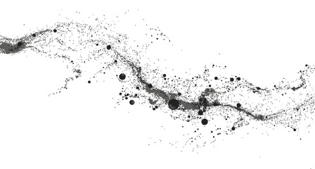 Fototapeta premium Abstract flowing ink illustration with splatter effects in grayscale on a clean white background
