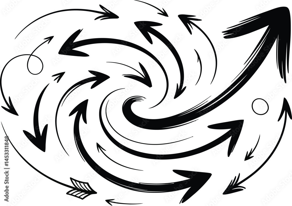 Poster abstract collection of hand drawn arrows in various directions showcasing forward movement and conce