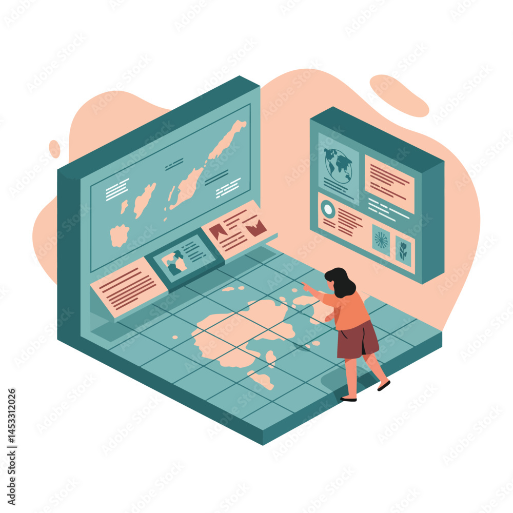 Poster woman exploring interactive digital map display for geographic learning and data analysis in modern 