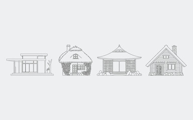 Architectural vector illustrations of various house styles including modern japanese and rustic cabin designs