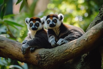 Naklejka premium Two Lemurs Rest on a Branch in Nature's Embrace at Natural Habitat Theme