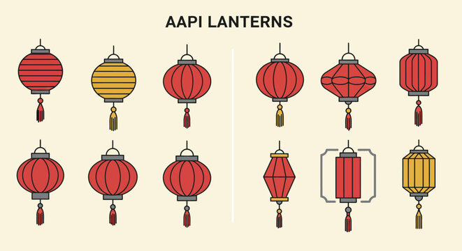 AAPI traditional red and yellow lanterns vector illustration featuring cultural decorative lights in various shapes and styles 