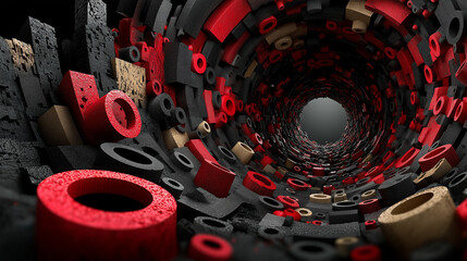 Crimson-black tunnel vortex – Industrial surreal design with red and black concentric pipes and depth illusion