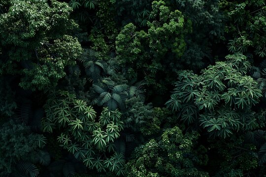 Lush green tropical forest canopy view. Dense foliage, various plants, and trees create a rich, vibrant ecosystem