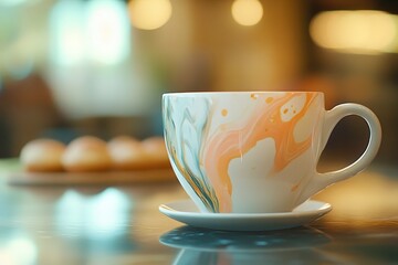 A vibrant ceramic mug with abstract design on a table.
