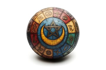 Ornamental sphere with zodiac signs star and crescent on white background