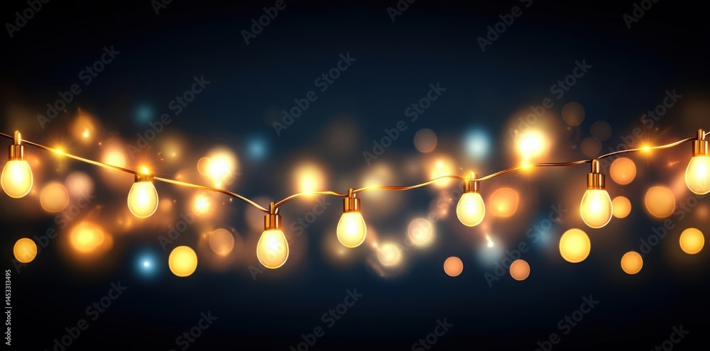 Poster string lights illuminate with festive cheer, bokeh style and dark backdrop