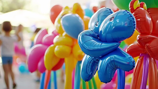 Colorful balloon animals in a playful arrangement. Festive and cheerful.