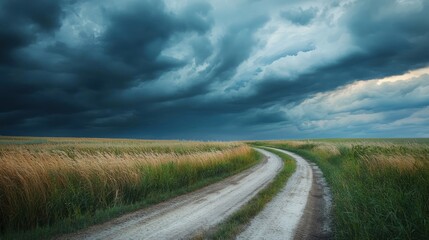 Fototapeta premium Stormy countryside road with dark clouds above and wild grass swaying on white