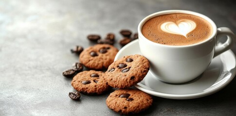 Enjoy Chocolate Chip Cookies with Hot Coffee Cup with Heart Latte Art