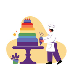 Chef decorating colorful multi-tiered cake with piping bag in kitchen for celebration or party event illustration 
