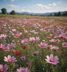 Fototapeta premium Vibrant cosmos flowers sway gently in a vast field , sunshine, bright, beauty