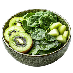 Vivid Green Bowl with Fresh Spinach Kiwi Mix Isolated on Transparent Background