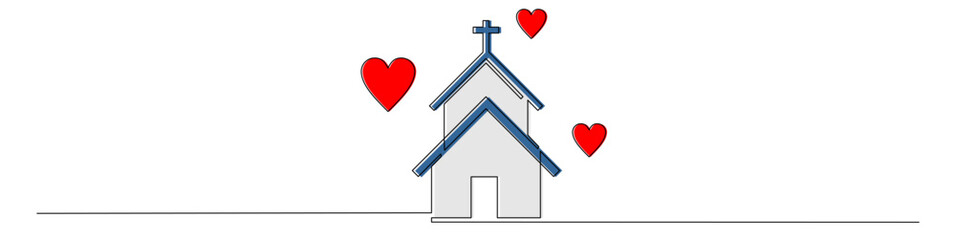 Continuous line church with hearts vector for wedding, love, and spiritual ceremony themes. Ideal for marriage invitation, Christian love event, and romantic religious design elements.