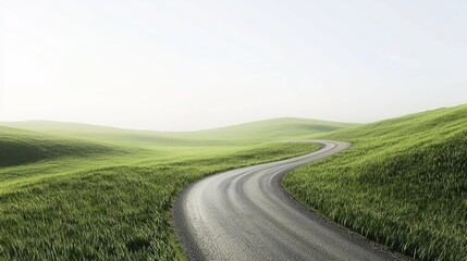 Fototapeta premium Sunlit countryside road surrounded by endless green pastures on a white background