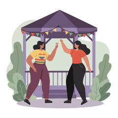 Two women celebrating with drinks under gazebo in outdoor party setting with bunting and greenery vector illustration 