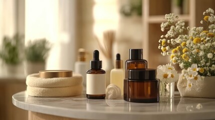 Spa products on marble table in sunlight.  Possible use stock photography for beauty and wellness companies