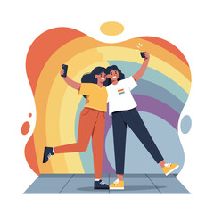Two friends taking selfie with rainbow background celebrating pride and friendship in casual clothes vector illustration 