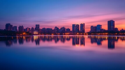 Fototapeta premium New York skyline reflected on East River at dusk,