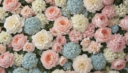 Pastel vintage roses, peonies & hydrangeas artificial flower wall backdrop, wall, blush