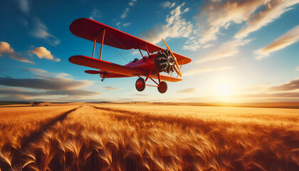 A vintage red biplane flying over golden wheat fields under a clear blue sky.