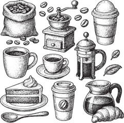 Set of vintage hand-drawn coffee shop elements including mugs, grinder, French press, beans, cups, cake, croissant, spoon, and leaves in engraving style