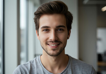 Fototapeta premium Happy Young Man Portrait Smiling Confidently Modern Office Background
